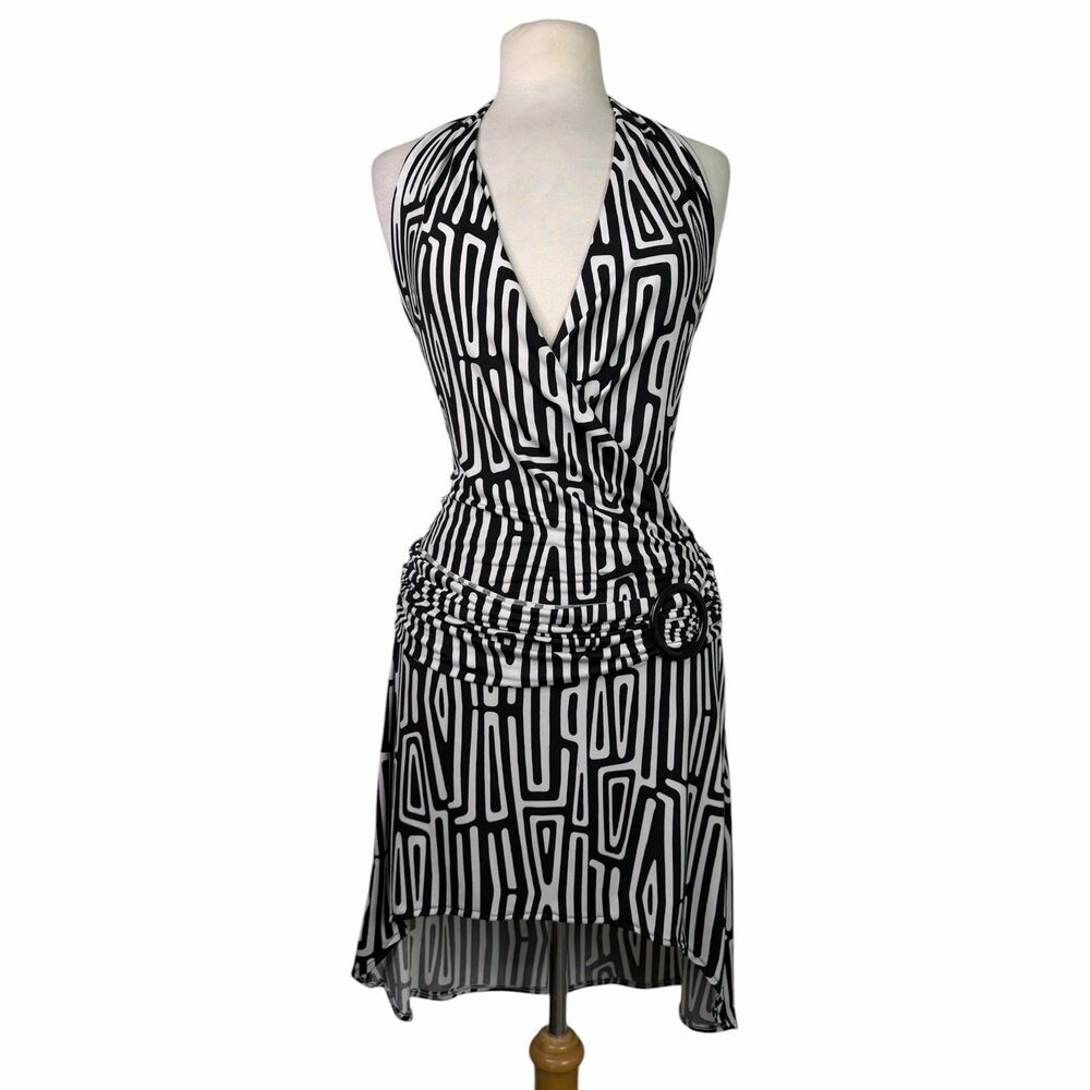 Y2K Geometric Halter Dress Black White Ruched Ring Waist Abstract Retro 1X